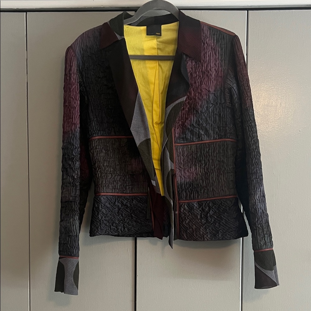 Designer FENDI  Women's Blazer - Burgundy/Gray with yellow lining.
